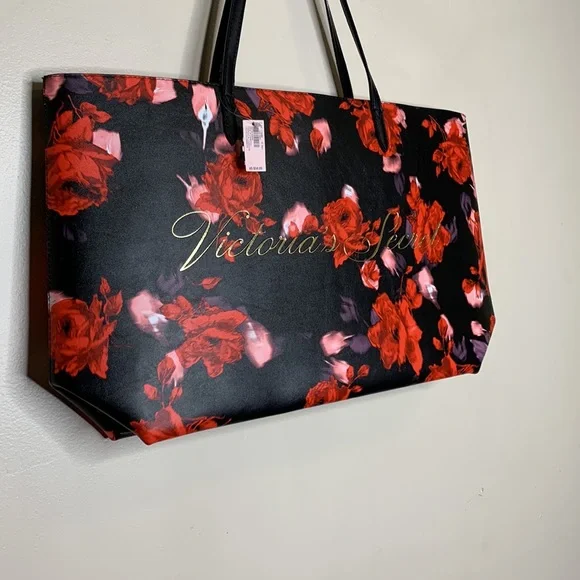 Victoria’s Secret | Large Black Leather Red & Pink Floral Tote Bag  Romantic NWT - Picture 2 of 8